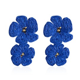 YUNXI Boho Raffia Flower Earrings Raffia Straw Wrapped Flower Drop Dangle Earrings Summer Tropical Beach Jewelry (Royal Blue)