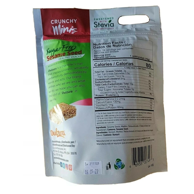 DULZURA 2BAG-10.72 oz Dulzura Sugar Free Sesame seed Candy Crunchy