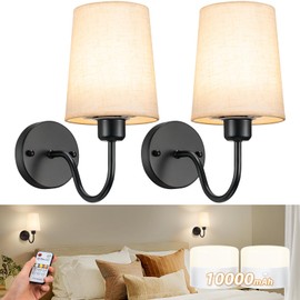 Battery Operated Wall Sconce Set of 2, 10000mAh Rechargeable Wall Sconces Battery Operated Light Dimmable Battery Powered Wall Lights with Black Gooseneck for Bedroom Living Room, Linen Lampshade
