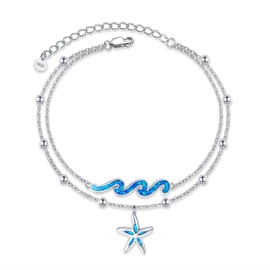 YFN Wave Starfish Anklet 925 Sterling Silver Starfish Wave Layered Anklet Ocean Wave Beads Ankle Bracelet Beach Jewelry for Women
