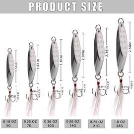 Spoon Lure Jigging Fishing Lures,6pcs Sinking Metal Luminous Spoon Lure Hard Bait Saltwater with Fishing Lure Treble Fishing Hooks for Salmon Bass Fishing Tackle 7g-6pcs