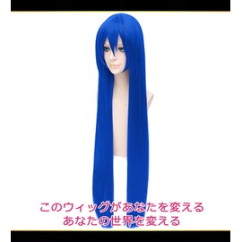 CaseEden 6018 Premium Cosplay Wig, Smooth, Straight Long, 39.4 inches (100 cm), Blue, Blue Hair