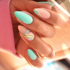Almond Press on Nails Medium Fake Nails Blue Full Cover Glue on Nail with Colorful Line Designs False Nails Gold Curve Gloss Acrylic Stick on Nail Cute Artificial Nails for Women Girls 24Pcs
