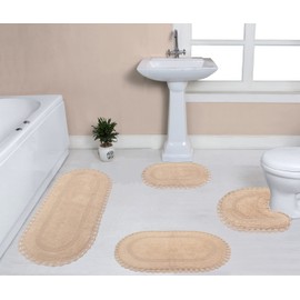Home Weavers Hampton Crochet Reversible Bathmat 100% Cotton Bathroom Rugs Set, Washable Rug, Extra Soft and Absorbent Bath Rug, Kitchen Mat, Bath Mat Set, Mat Non Slip, 4 Piece Set with Runner, Linen
