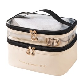 SUSOO 2 in 1 Large Toiletry Bag and Makeup Bag,Portable Double Layer Leather Organizer with Adjustable Dividers and Brush Organize Area for Travel,Skincare Travel Cosmetic Bags for Men&Women(Beige