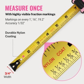 WORKPRO 16-FT Tape Measure with Fractions, 3 Brakes Retractable Measuring Tape, Compact Measurement Tape with Magnetic Hook, Nylon Coating Blade Accuracy 1/32”, Pink