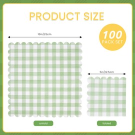 100 Pcs Sage Green Gingham Napkins, 5 x 5 Inches Scalloped Napkins, Disposable Cocktail Napkins for Wedding Birthday Party Baby Shower Picnic