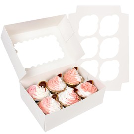 qiqee White 6 Cupcake Boxes with Window 12 Packs Cupcake Box 23x15.5x8.4cm Bakery Boxes For Cupcakes Carrier, Cupcake Containers (9x6.1x3.3 inch,Auto-pop Up)