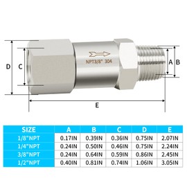 ChillWaves 304 Stainless Steel In-Line Split Check Valve 1/2" NPT Male x 1/2" NPT Female Thread, One-Way Non-return Check Valve for Backflow Prevention(1-PACK)