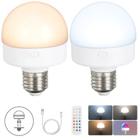 Bailoch 2 Pack Rechargeable Battery Operated Light Bulbs with Remote, 300LM E26 Wireless Magnetic USB Charging LED Battery Power Light Bulb for Lamps with 15 Colors, Timer, Dimmable