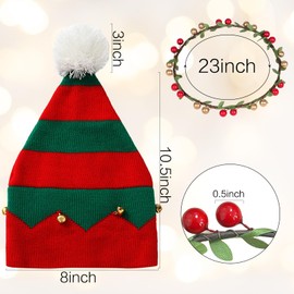 QLINLEAF 2 PCS Christmas Elf Knitted Hat for Kids Winter Beanie Xmas Red & Green Stripes with White Pom Hat and Wreath Headdress Xmas New Year Party Hat Set