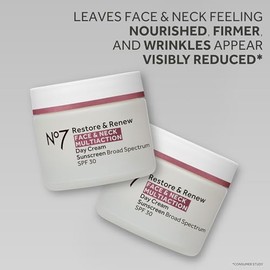 No7 Restore & Renew Crema facial y cuello multiacción - Hidratante facial antienvejecimiento con SPF 30 - Ayuda a reafirmar e hidratar la piel crepí -