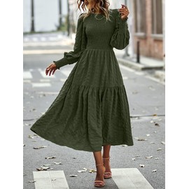 PRETTYGARDEN Women 2025 Spring Puff Long Sleeve Crewneck Smocked Maxi Dress Empire Waist Tiered A-line Swing Flowy Long Dress(Army Green,Small)