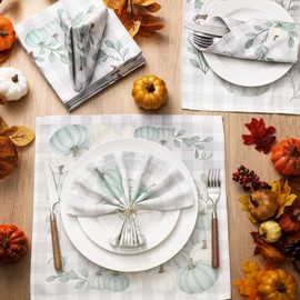 Funnymoom 24 Pcs Fall Pumpkin Cloth Napkins Pumpkin Eucalyptus Leaves Reusable Napkins 2 Styles Dinner Soft Absorbent Cloth for Autumn Thanksgiving Party Favors
