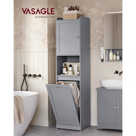 VASAGLE Tall Bathroom Cabinet with Laundry Basket, Removable Laundry Basket with Handles, Compartment with Door, Linen Tower, 15.8 x 15.8 x 66.9 Inches, Dove Gray UBBC761G02