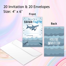 Zodvery Shark Birthday Party Invitations Cards - Shark Tastic Ocean Party Supplies for Kids, Boys or Girls - 20 Fill in Birthday Party Invitations and 20 Envelopes set/12