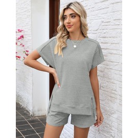 LOMON Lounge Shorts Sets for Women Short Sleeve White Outfits Round Neck Comfy Sweatsuits Loungewear(Light Grey,S)