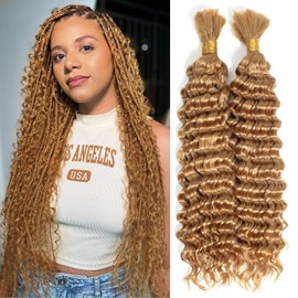 Urbeauty Human Braiding Hair #27 Color, Deep Wave Bulk Human Hair for Micro Braiding No Weft, Curly Human Hair for Boho Braids, Knotless/Goddess/Bohemian/Gypsy/18/20 Inch 100gram