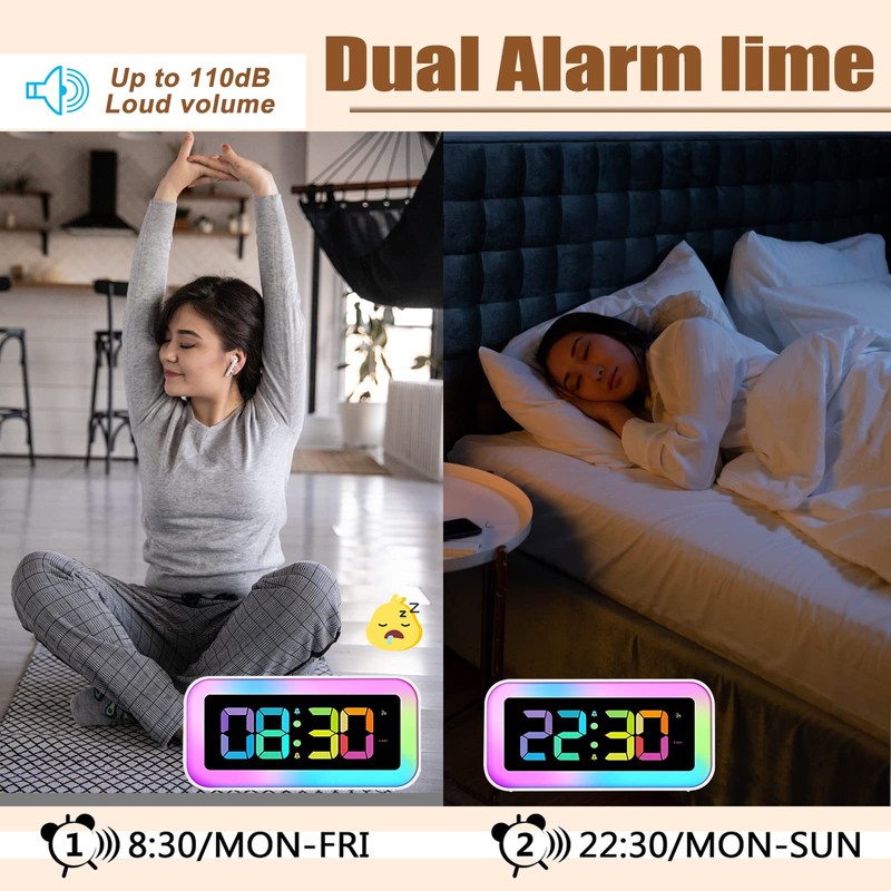 RGB Alarm Clock for Kids,Adjustable Brightness10%-100%,Dual Alarm, Sound Control, Bedside