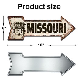 Missouri US Route 66 Arrow Tin Sign, Nostalgic Vintage Metal Wall Décor, 6 x 18 Inches