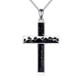 POPLYKE Cross Black Onyx Mountain Necklace for Women Sterling Silver Cross Pendant Jewelry Birthday Christian Graduation Gifts