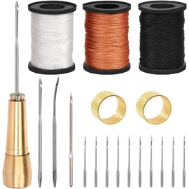 LYSAIMG 4 Needles Hand Stitcher Sets,4 Pieces Canvas Leather Sewing Awl Needle with Copper Handle, 3 Pcs 50 m Nylon Cord Thread and Handmade Leather Sewing Tools Shoe and Leather Repair