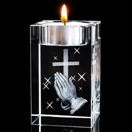 YWHL Portavelas Votivos de Cristal Religioso en Forma de Cruz, Regalos Religiosos para Mujeres, Manos Orando en 3D y Portavelas de Cristal con Cruz para Centro de Mesa (Excluyendo Velas)