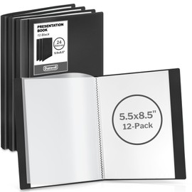 Dunwell Small Presentation Book 5.5x8.5 (12-Pack, Black), 24 Pockets Display 48 Half Size Pages, Plastic Binders with Sleeves, 5.5 x 8.5 Mini Booklets, Acid-Free Poly