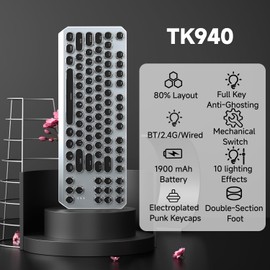 SEUNKWANG EWEADN Wireless Mechanical Typewriter Keyboard,80% Layout with White Backlit, Anti-Ghosting, Blue Switch Bluetooth/2.4GHz/USB-C Aesthetic Keyboard-Black