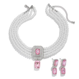 fxmimior Women Boho 1920s Pearls Choker Necklaces Earrings Set Gold Silver Green Pearls Layered Choker Necklaces Black Multilayer Rhinestones Layering Necklaces for Women (Silver Pink)