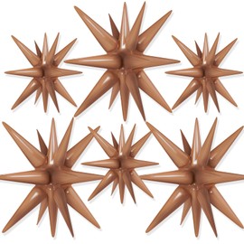 PartyWoo Brown Star Balloons 6 pcs, One-Piece 14-Pointed Starburst Balloons, 27 & 22 Inch Star Explosion Balloons with Ribbon, Star Foil Balloons, Large Star Balloons for Party Decorations