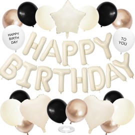 Black Gold Birthday Decorations for Men Women Kids,White Sand Cream Happy Birthday Banner Balloons Heart Star Foil Clear White Polka Dot Balloons for Party Decorations Baby Shower