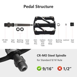 BOLANY Mountain Bike Pedals, 3 Sealed Bearings CNC Aluminum Alloy MTB Pedals with 12 Anti-Skid Pins Bicycle Flat Pedals, 9/16"" Lightweight Platform for Road Mountain BMX Bike, Black
