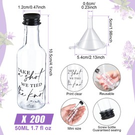 Bokon 200 Pcs Mini Wedding Liquor Bottles Take a Shot We Tied The Knot Shot Glasses for Guests 1.7 Fl Oz/ 50 ml Plastic Reusable Empty Bottle with Cap Funnel Acrylic Shot Bottles for Bridal (Black)