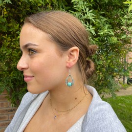 Large Drop Charm Earrings - Tibetan Silver Tone Charms with Turquoise Stone on Nickel Free Hooks : 56mm