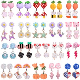 20 Pairs Cartoon Clip On Earrings for Girls Kids, Adjustable U-Shaped Non-Piercing Ear Clips, Lightweight Plastic Flower/Mushroom Designs (Pumpkin, Shell with Pearl) for Sensitive Ears & Daily Gifts