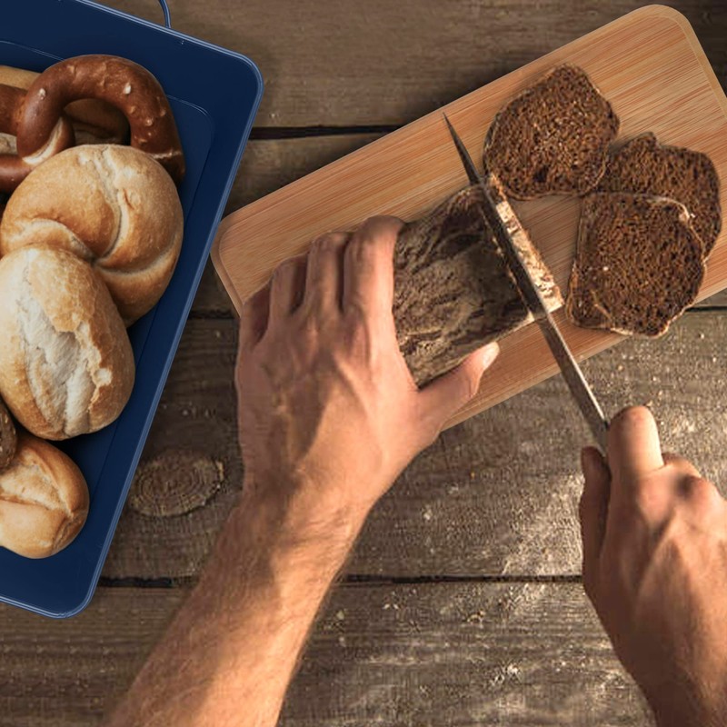 LIANYU Navy Blue Bread Box with Bamboo Cutting Board Lid,