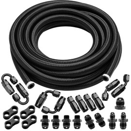 BRIFITOR 3/8‘’ 6AN 20FT Fuel Line Kit, Nylon Stainless Steel Braided CPE Fuel Line Hose Kit With 23PCS Swivel Hose Fittings Adapter