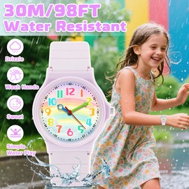 GUUMUXIN Children's Watch Boys Girls, Children's Watch Analogue, 30 m Waterproof Learning Time Watch, Soft TPU Strap, Outdoor Sports Watch, Suitable for 4-12 Years Old, light purple