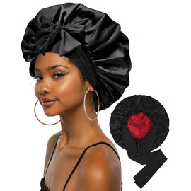CHLINS Extra Large Satin Bonnet Double Layer Sleep Hair Bonnet with Elastic Tie Band(Black+Red)