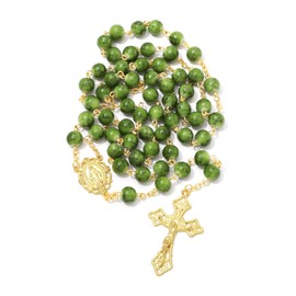 KOMI 8MM Green Glass Rosary Beads Catholic for Women 18K Gold Plated Virgin Mary Rosary Necklace Rosarios Catolicos Christian Gifts with Rosary Pouch