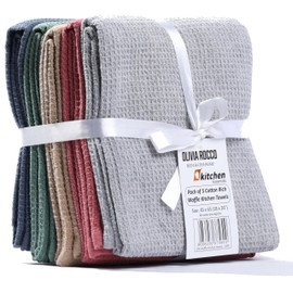 Olivia Rocco Tea Towel Pack of 5 Waffle Kitchen Tea Towels Cotton Absorbent Long Lasting Catering Bar Dish Towel, Assorted