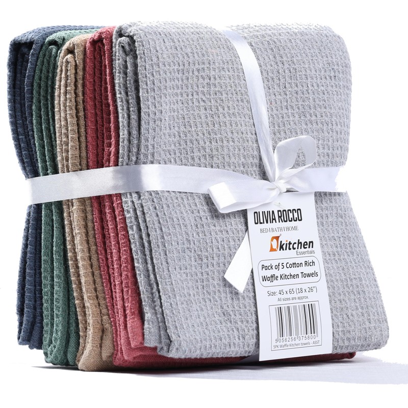 Olivia Rocco Tea Towel Pack of 5 Waffle Kitchen Tea