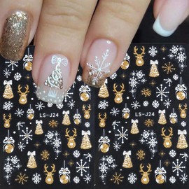 Christmas Nail Art Stickers Winter Snowflake Xmas Nail Decals Nail Art Supplies Gold Glitter Elk Bells Christmas Nails Design Adhesive Sliders Manicure Sticker for New Year Nail Art Decoration 8PCS