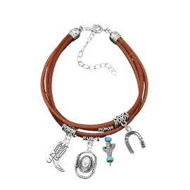Pingyongchang Boho Multi-Layer Leather Bracelets Vintage Western Cowboy Cowgirl Hat Boots Bracelets Holiday Party Jewelry Gifts for Women Men (Brown)