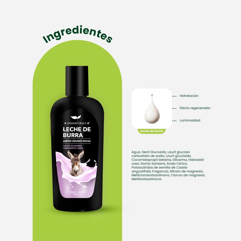 Shanatural's Jabón Líquido Facial Leche de Burra, Hidratación Intensa, Limpieza
