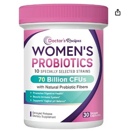 Doctor's Recipes Probiotics for Women, Organic Prebiotics and Probiotics for Digestive Health, Vaginal Health, 70 Billion CFU, 10 Strains, Shelf Stable, 30 Capsules
