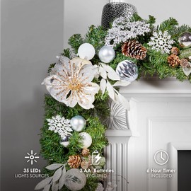 WBHome Pre-lit 6 Feet/72 Inch Christmas Garland, White & Silver Lighted Garland with 35 LED Lights for Indoor Outdoor Xmas Decor Holiday Decorations, Battery Operated (Batteries NOT Included)