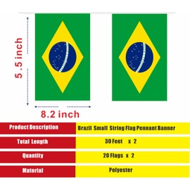 LUSEOAN 2 Packs Brazil Brazilian Mini Flag Banner String Small Miniature Hanging Flags Decorations,60 Feet 40 Flags