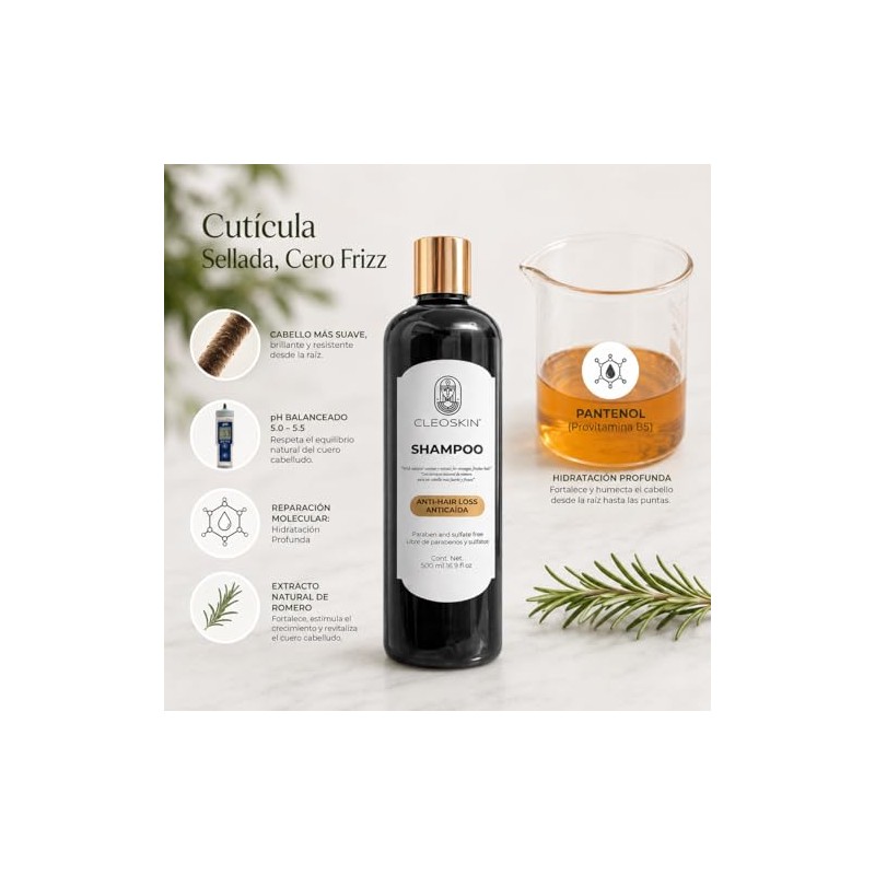 CLEOSKIN Shampoo de Romero con Bergamota para Crecimiento Cabello Champú